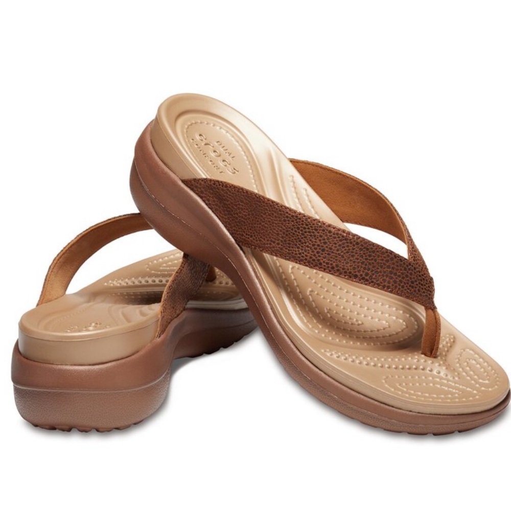 CROCS Capri Metallic Texture Women's Bronze Wedge Flip Flop Sandals